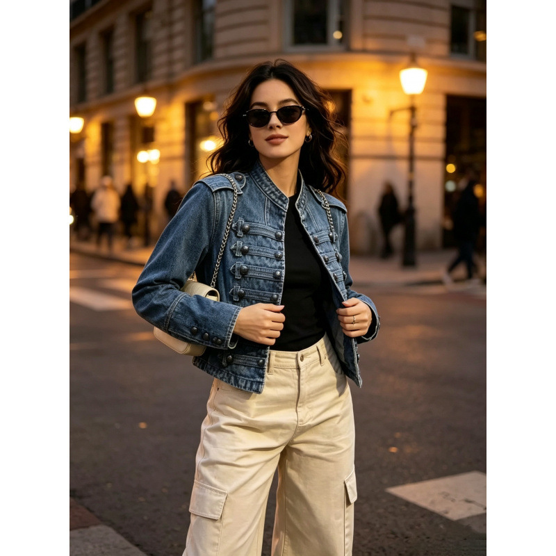 New 2026 Autumn Vintage Military Style Denim Short Jacket for Women with Stand Collar and Slim Fit New 2026 Autumn Vintage Military Style Denim Short Jacket for Women with Stand Collar and Slim Fit