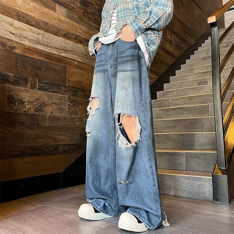 boy European And American Washed Vintage Ripped Jeans For Men, Unique Design, High Street Casual Versatile Fashion Wide-Leg_viptrois.com