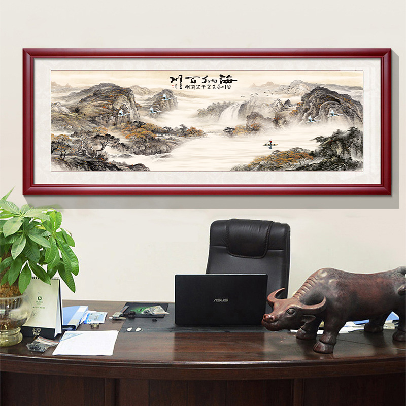 鸿运当头客厅宣纸国画山水画实木框挂画书房办公室装饰画批量批发-阿里巴巴