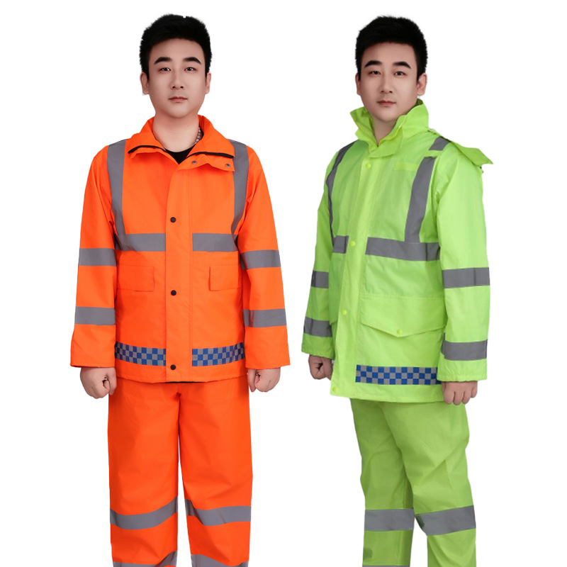 Fabricantes al por mayor chaqueta de lluvia reflectante conjunto de pantalones de lluvia tipo split rescate de tráfico de servicio saneamiento para llevar bicicleta fluorescente verde