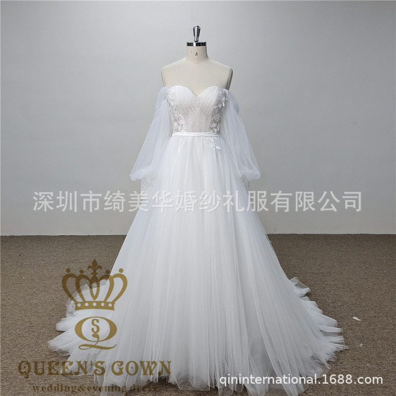 Ivory White Long Sleeve Wedding Dress A Swing Bridal Wedding Dress Flower Sequins Lace Wedding Dress
