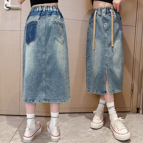 Little Girl Denim Half-length Skirt 2024 Spring and Autumn New Style Medium and Large Children's Long Dress Children's Stylish Slit Skirt Children's Fashion