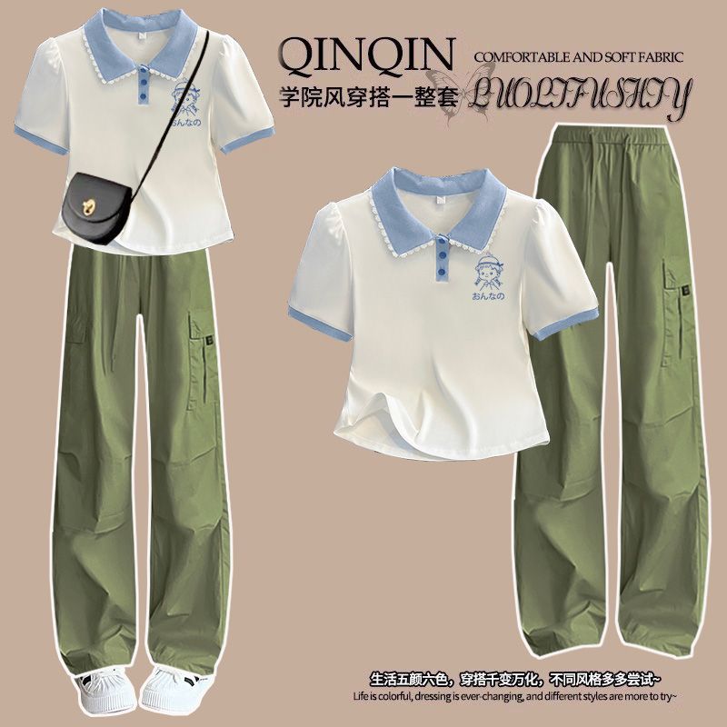 2025 New Style Girls' Polo Shirt with Peter Pan Collar, Short Sleeve, Stylish Set, Casual Wide-Leg Pants Two-Piece Set for Big Kids