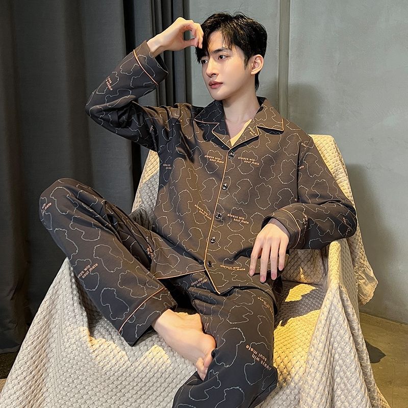 2025 pijama de primavera hombre juvenil de mediana edad, set de algodón de manga larga cardigan de manga larga ropa casera mayorista
