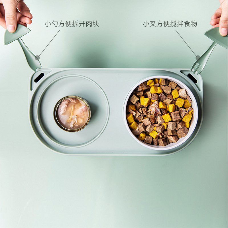 Suministros para mascotas mascota doble tazón protector columna cervical gato tazón de comida orejas de gato con pala tazón de plástico de almacenamiento de alimentos tazón de doble capa tazón para perros