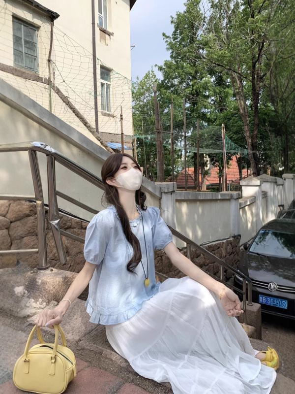 韓国カレッジスタイル2025夏韓国風小ぶりフレッシュ木耳襟万能ゆったりシャツ小柄シャツ|undefined