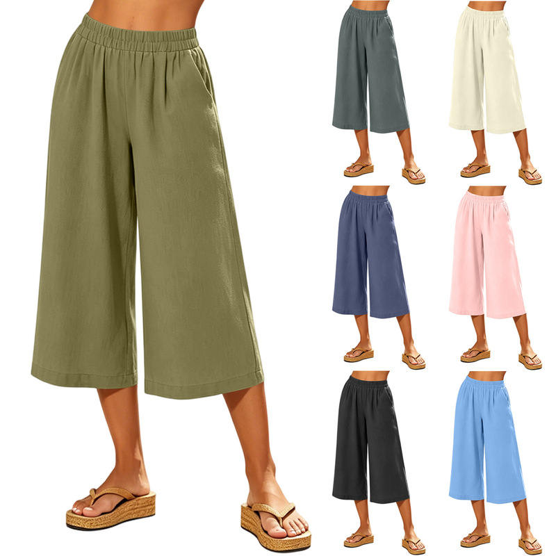 2026 Amazon Solid Color Loose Women's Wide-Leg Cropped Pants Summer Beach Vacation Casual Pants with Pockets Casual 2026 Amazon Solid Color Loose Women's Wide-Leg Cropped Pants Summer Beach Vacation Casual Pants with Pockets Casual