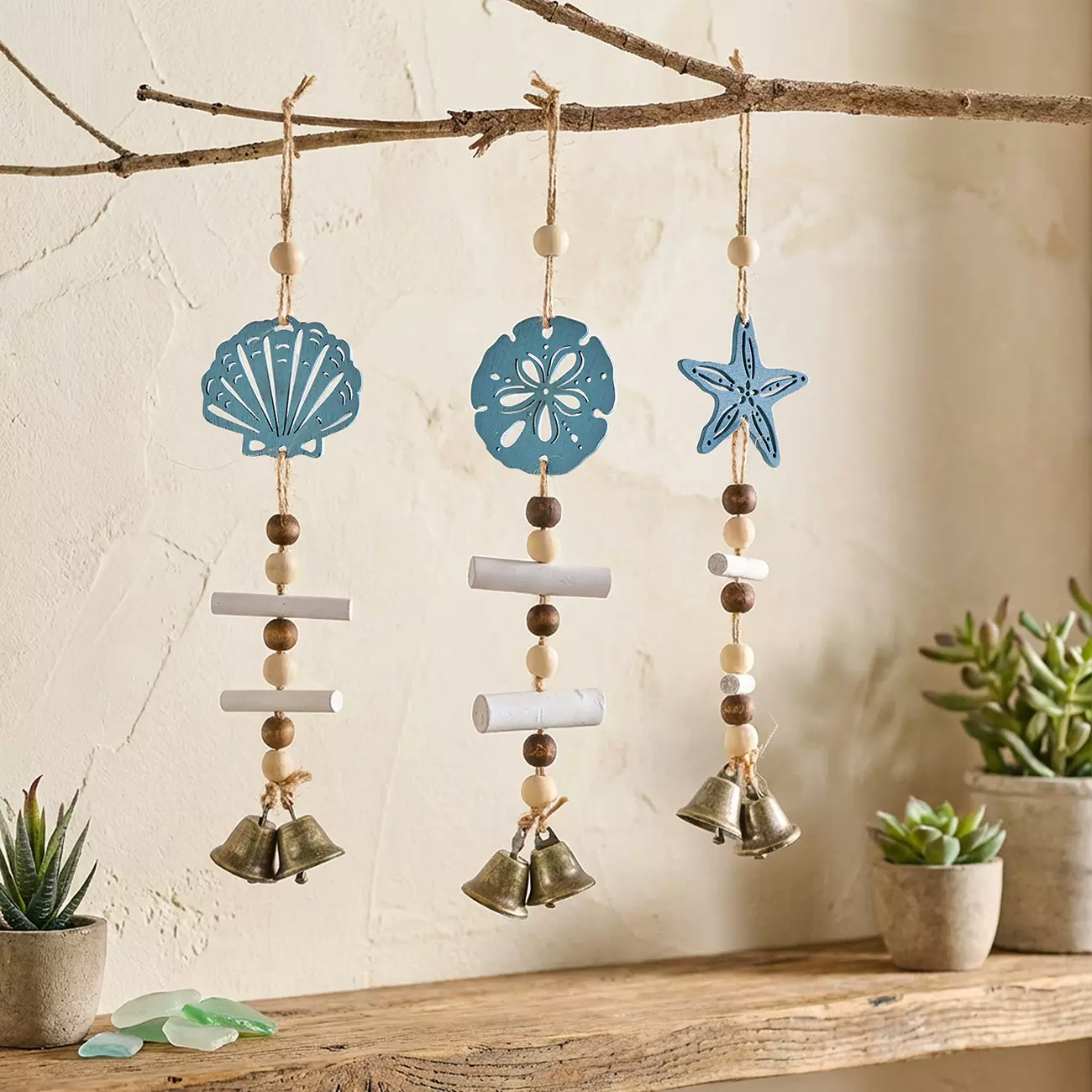 地中海风木质串珠风铃挂饰海星贝壳帆船儿童房挂件房间卧室吊饰