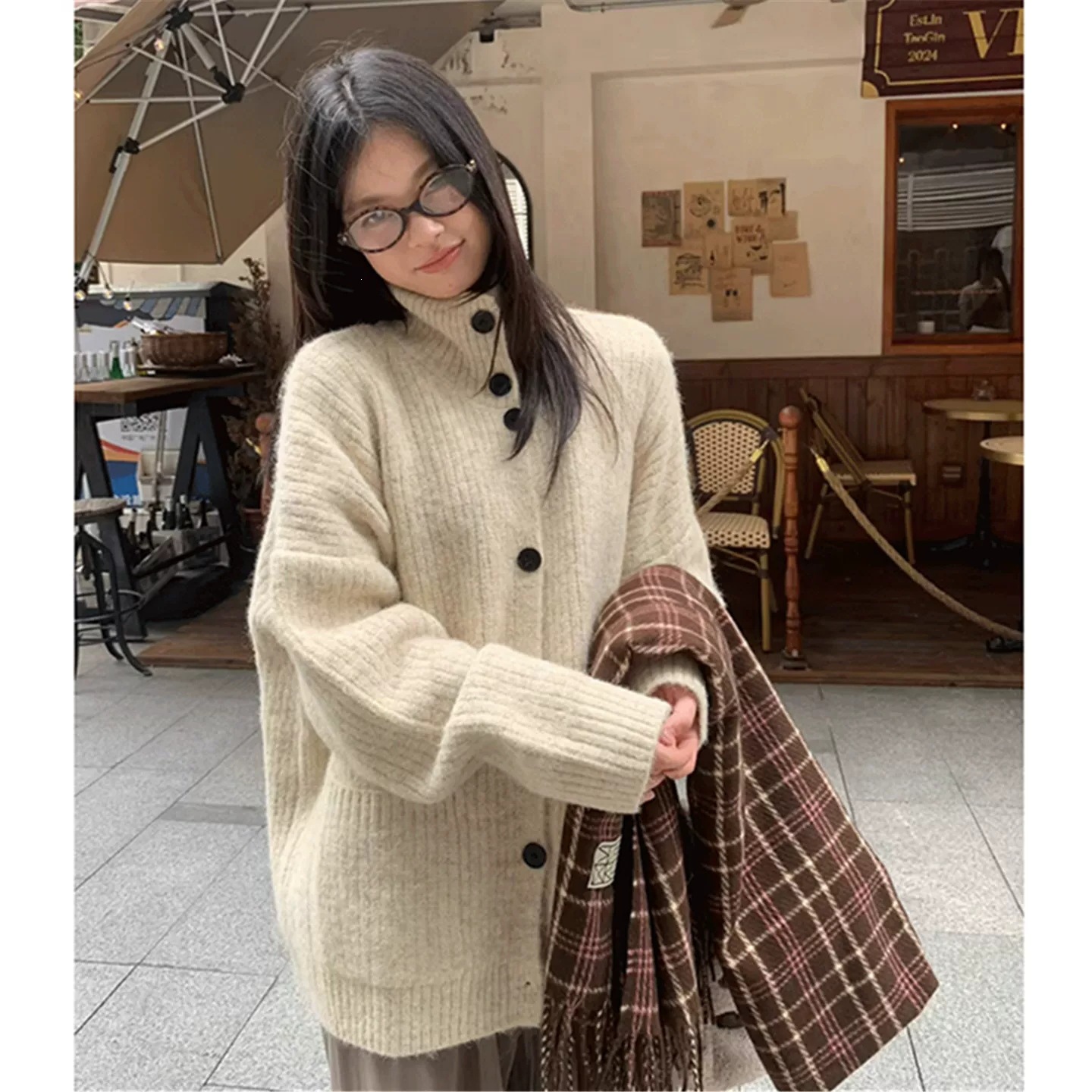 高领中长款开衫毛衣女2026新款冬加厚温柔韩系宽松慵懒风针织外套