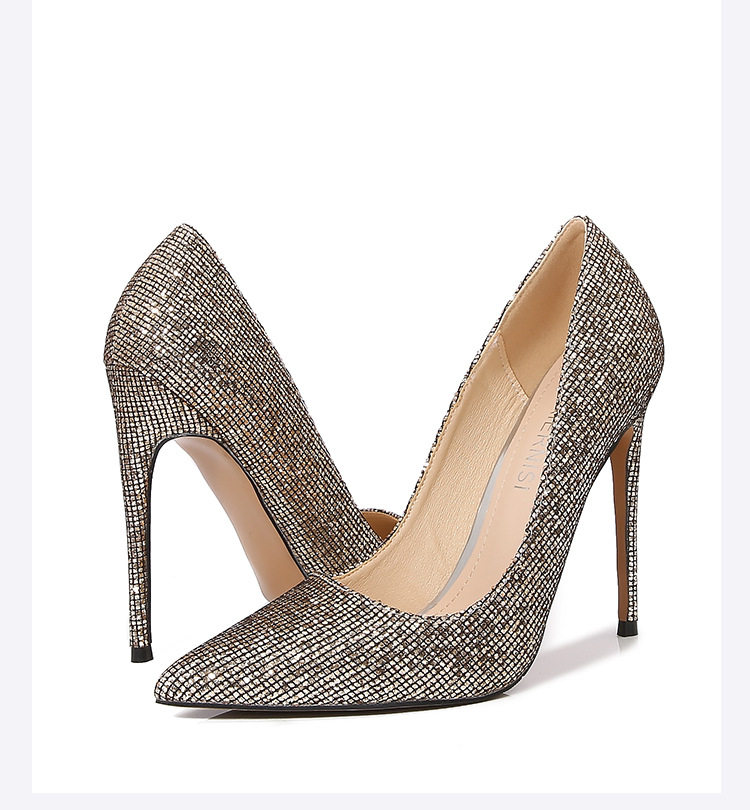 Giày cao gót nữ mũi nhọn gót siêu cao phủ sequins lấp lánh phong cách Âu Mỹ — Màu bạc, Màu sắc, Màu vàng, Màu đỏ chi tiết 38