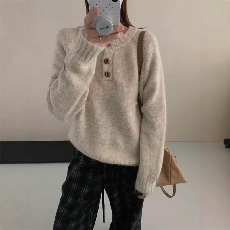 温柔风圆领套头毛衣女2025秋冬新款慵懒风宽松软糯针织衫休闲上衣|undefined
