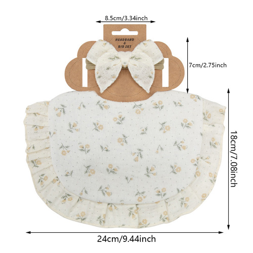 Cross-border new baby saliva napkin ruffled children's cotton gauze lace bib bib saliva pocket headband set