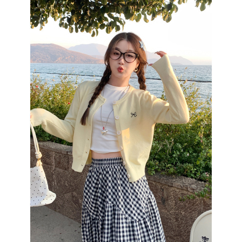 黄色开衫毛衣女外套2025新款秋冬穿搭蝴蝶结刺绣针织外搭春季上衣|undefined