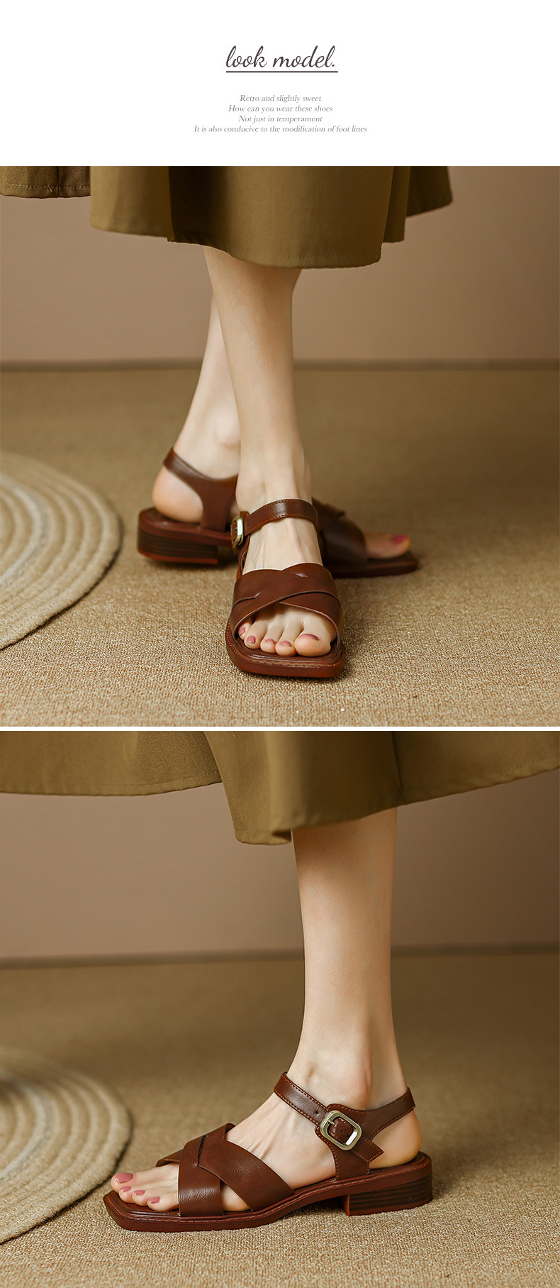 Sandal hở mũi nữ gót thấp quai ngang kiểu La Mã, size lớn 34–41 — nâu chi tiết 4