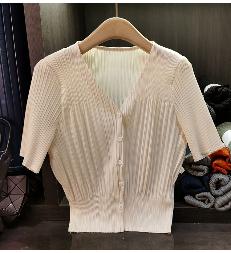 Áo cardigan cổ chữ V tay ngắn nữ phối nút đơn chất liệu mỏng mùa xuân hè — Màu xanh lục nhạt, Màu đen, Màu tím nhạt, Màu hồng chi tiết 6