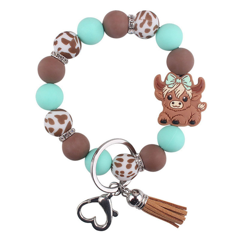 Silicone Yak Keychain with Heart-Shaped Lobster Clasp, Silicone Bead String, Highland Cow Pendant, Children's Yak Keychain