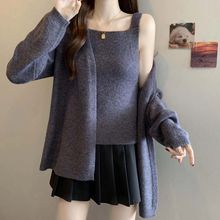 新品开衫毛衣女秋季新款大码新品叠穿吊带背心洋气两件套上衣