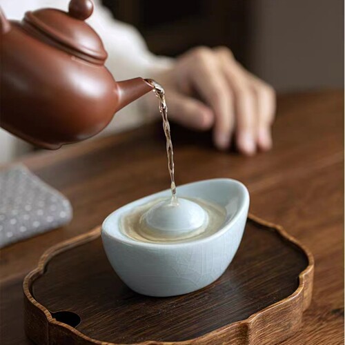 Ru Kiln Crackle Yuanbao Shelf Decor Tabletop Vintage Tea Set Ceramic Ornament Tea Pet Tea Ceremony Tea Play Azure Blue Tea Shelf Decor