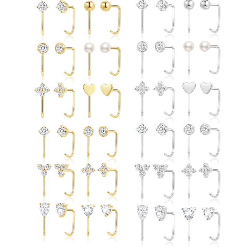 Stainless Steel Earring Set with Diamonds, L-Shaped Straight Bar Nose Jewelry, European and American Style Piercing Jewelry Wholesale