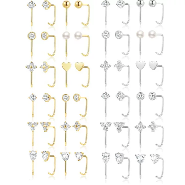 Stainless Steel Earring Set with Diamonds, L-Shaped Straight Bar Nose Jewelry, European and American Style Piercing Jewelry Wholesale