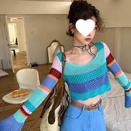 个性条纹女时尚新款短款露脐2025防晒衫镂空针织上衣夏季喇叭袖