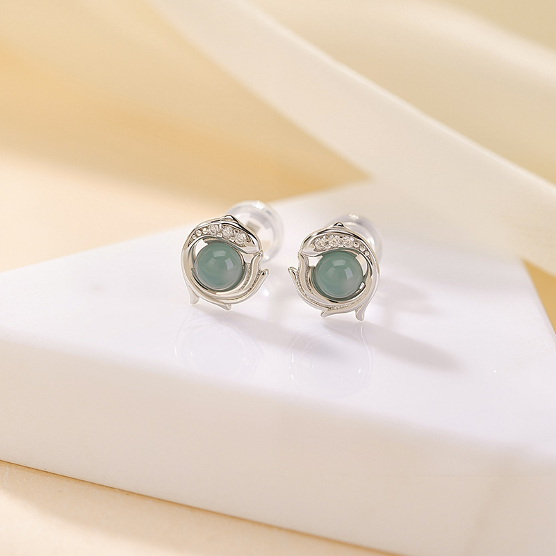 Khuyên tai bạc S925 hình cá chép ngọc bích xanh — Cặp đôi