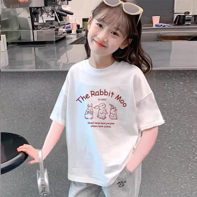 Girls' White Pure Cotton Short-Sleeved T-Shirt Summer Korean Style Loose-Fitting Fashionable Versatile Top for Older Children Girls' White Pure Cotton Short-Sleeved T-Shirt Summer Korean Style Loose-Fitting Fashionable Versatile Top for Older Children