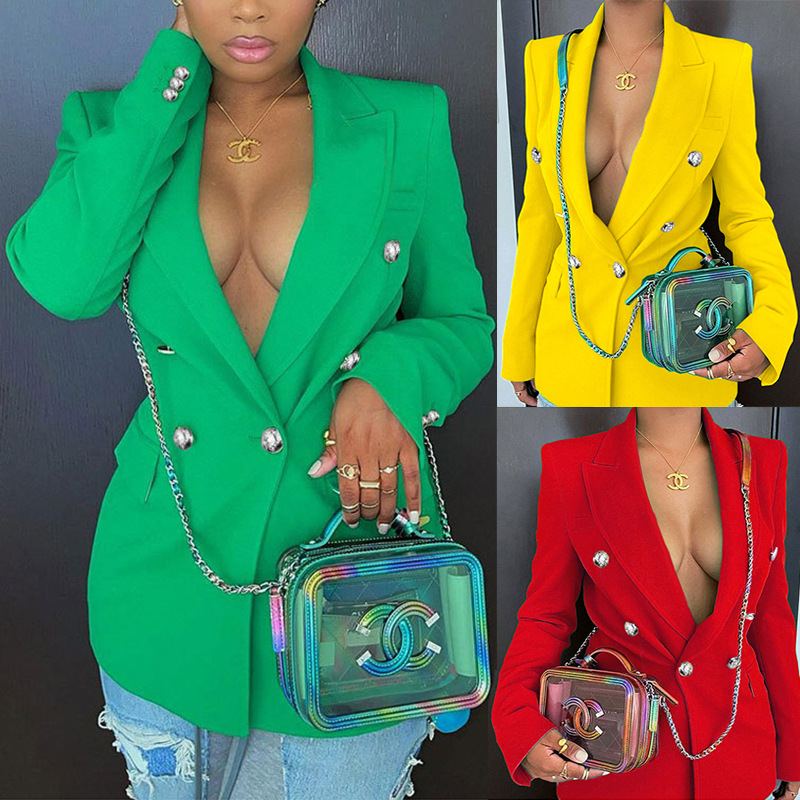 Zl1743 Spot 2023 Autumn and Winter European and American Clothing Slim Double-Breasted Solid Color Fashion Long-Sleeved Suit Jacket