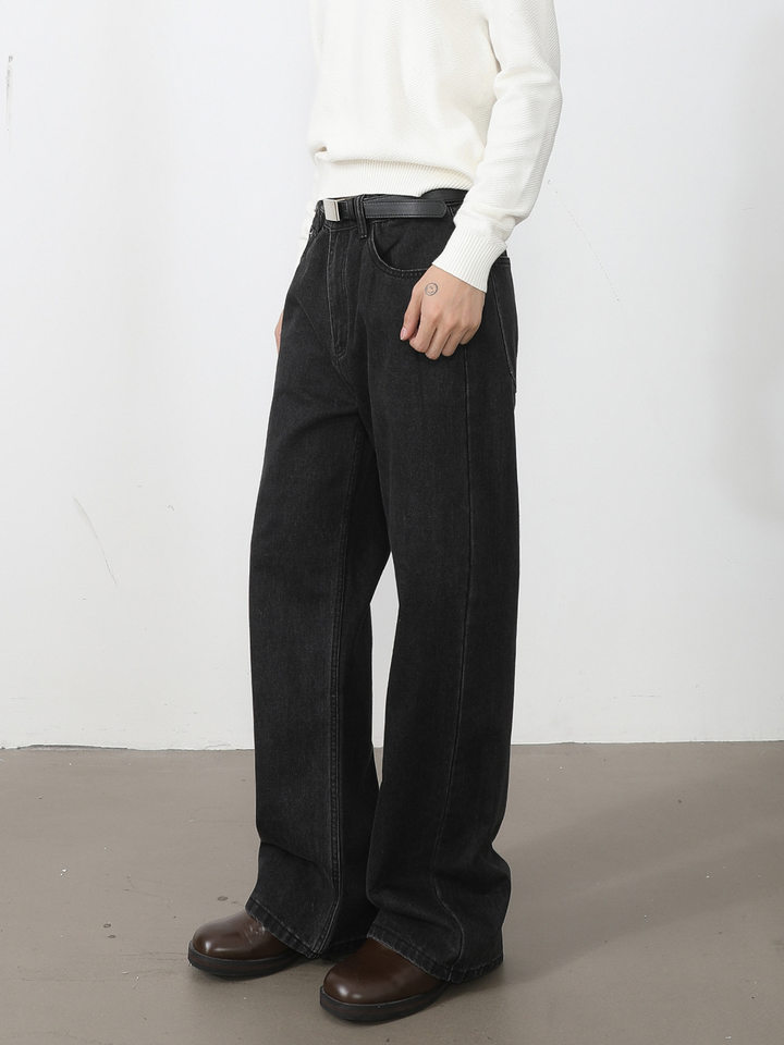 Quần jean nam ống rộng dáng suông thoải mái kiểu Mỹ, vải denim xử lý giặt mài, lưng trung, dài quần — Xanh da trờicolor, Xám đen, màu xám nhạt chi tiết 28