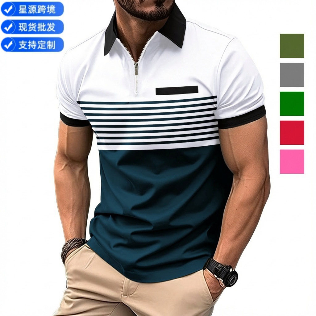 European and American Ins Cross-Border 2026 Summer Aliexpress Amazon Polo Shirt Zipper Men's Printed Striped Polo Shirt