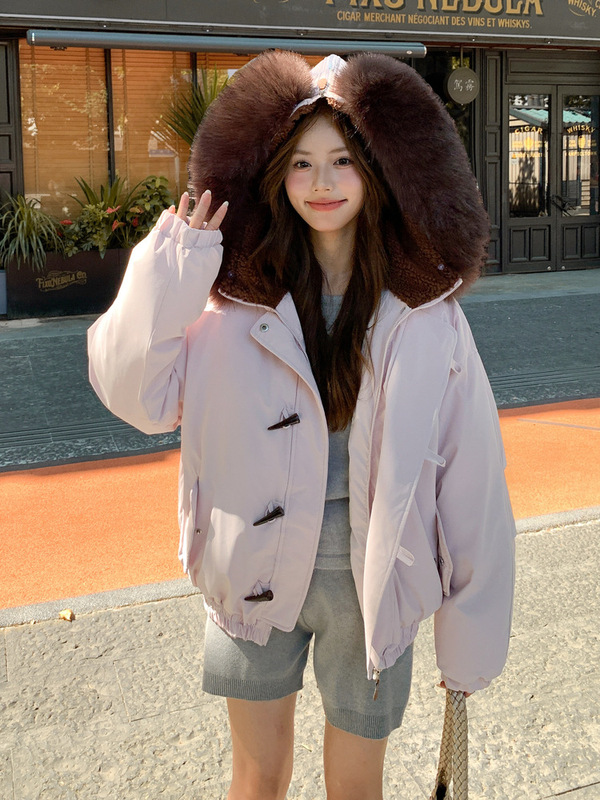 外贸美式复古大毛领连帽棉服女冬季外套2025年新款牛角扣加厚棉衣|undefined