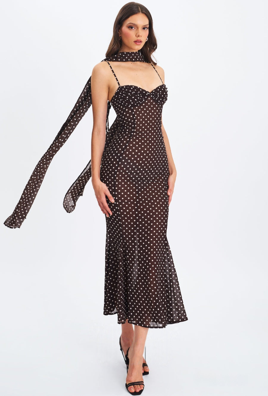 Women Elegant Spaghetti Strap Polka Dot Print Backless Dress Stylish Scarf Decor Slimming Party Vacation Dress_ecoleips.com