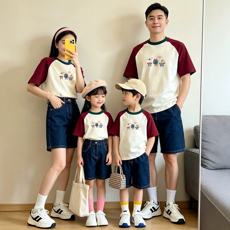 Summer cartoon print color-block T-shirt, versatile family top for family photos, events, travel, vacations, and parent-child outfits