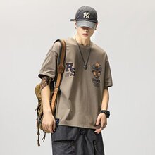 纯棉复古t恤男ins宽松潮牌日系短袖潮流百搭夏季大码印花字母上衣