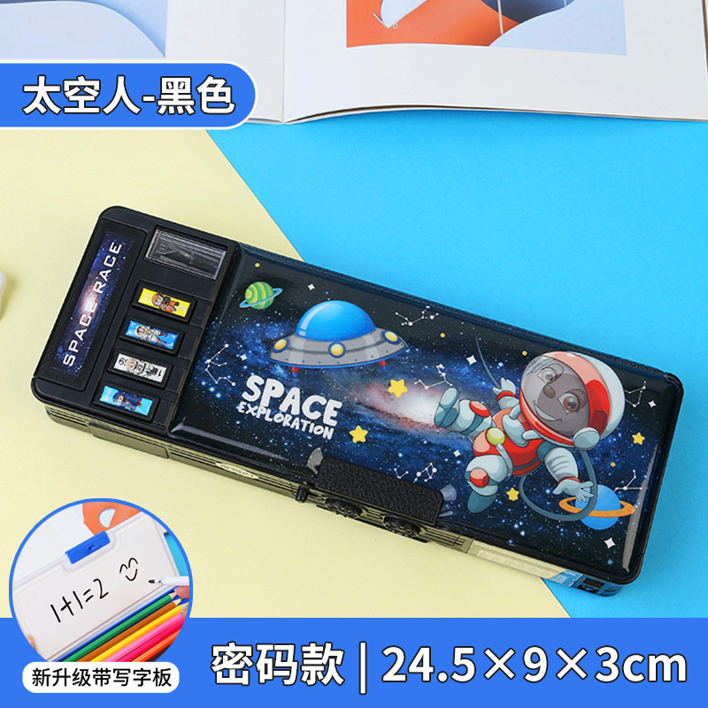 Caja de papelería con bloqueo de contraseña, botón multifunción, caja de lápices de gran capacidad de doble cara, dinosaurio, escuela primaria, niño, niña, jardín de infancia