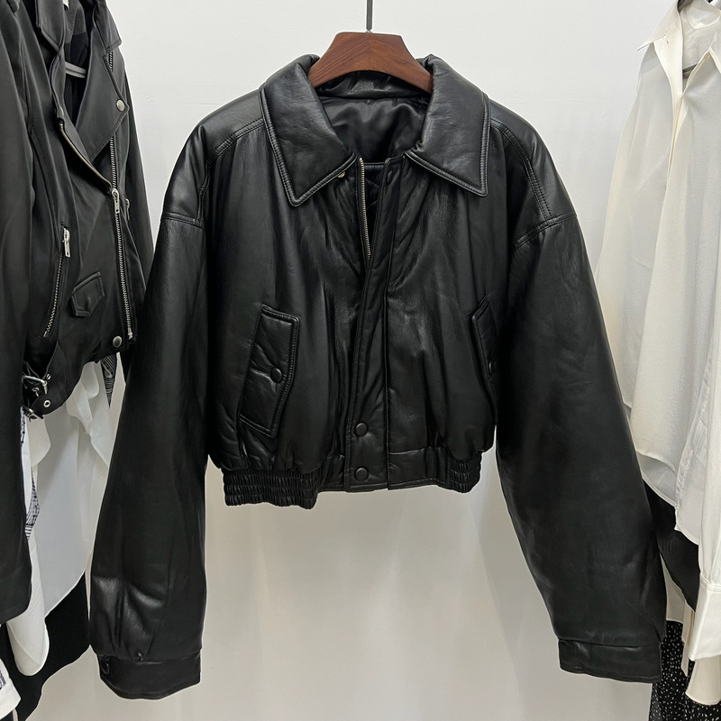 Short Leather Jacket with Cotton Lapel and Shoulder Long Sleeve