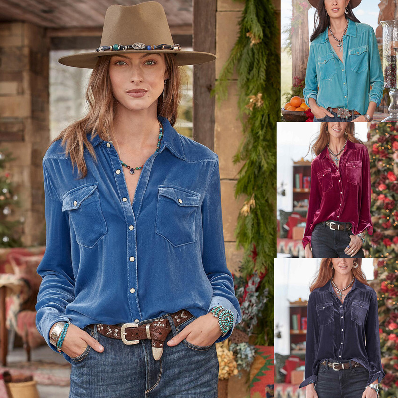 Amazon European and American Loose Casual Versatile Work Shirt 2025 New Retro Gold Velvet Long-Sleeved Shirt for Women