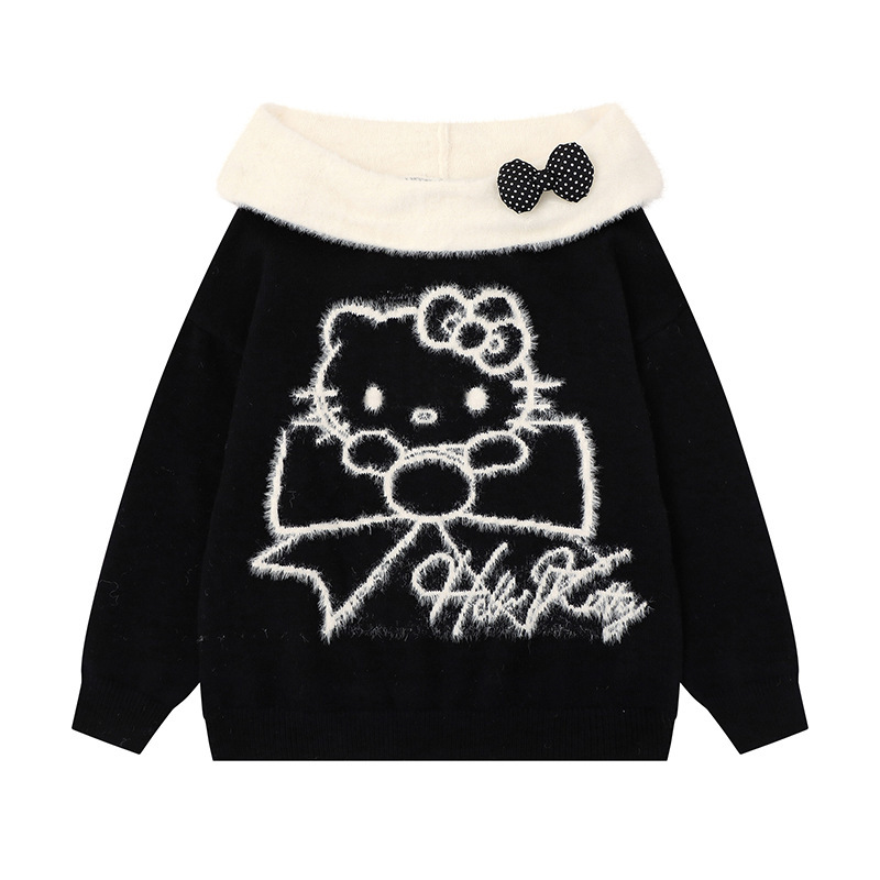 Sweet Christmas Bow Hello Kitty Jacquard Hooded Sweater, New Autumn and Winter Style, Loose and Lazy Style, Soft and Cozy Knitwear