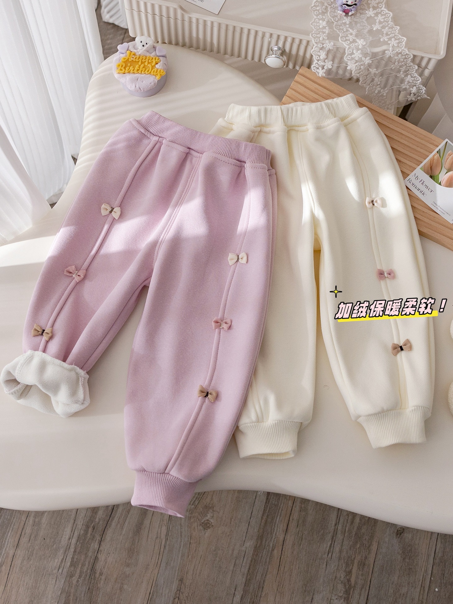 girls‘ korean style velvet padded casual pants winter sweet cute bow thickened sweatpants girls‘ winter all-matching trousers