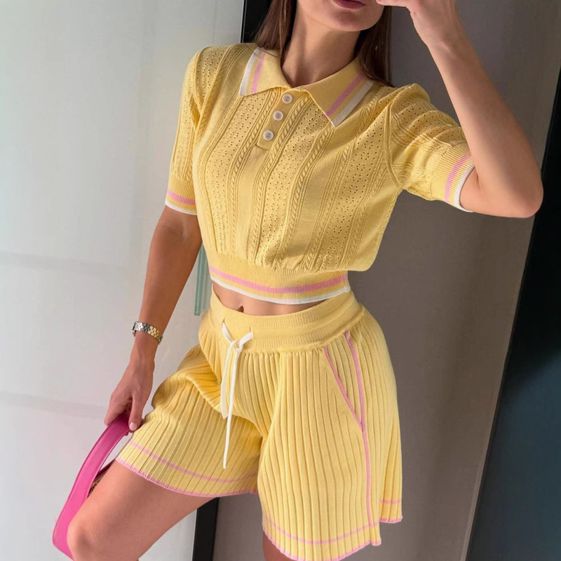 College Style Lapel Ice Silk Short Knitwear Suit Women's Summer Short-Sleeved T-Shirt Design Contrasting Shorts Two-Piece Set College Style Lapel Ice Silk Short Knitwear Suit Women's Summer Short-Sleeved T-Shirt Design Contrasting Shorts Two-Piece Set