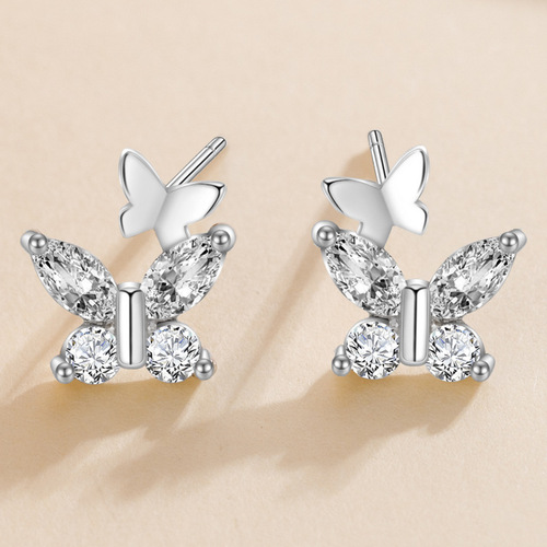 Higu E1517 S999 Silver Minimalist Fresh Zircon Double Butterfly Earrings for Women, Elegant & Unique Summer Ear Accessories
