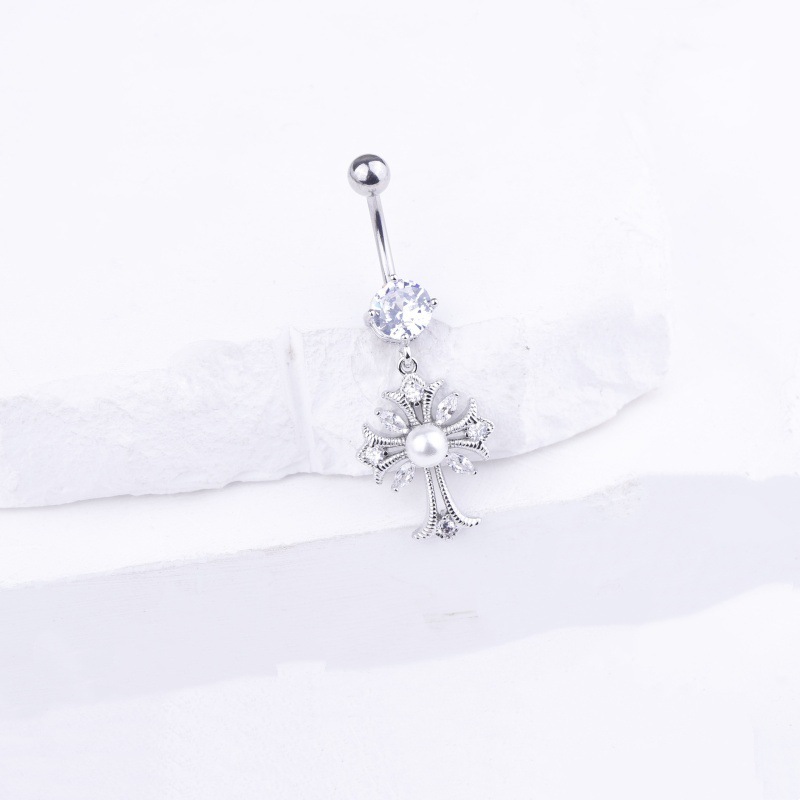 Diamond Crown Cross Belly Button Ring Gold Dangle Body Piercing Jewelry detail image 7