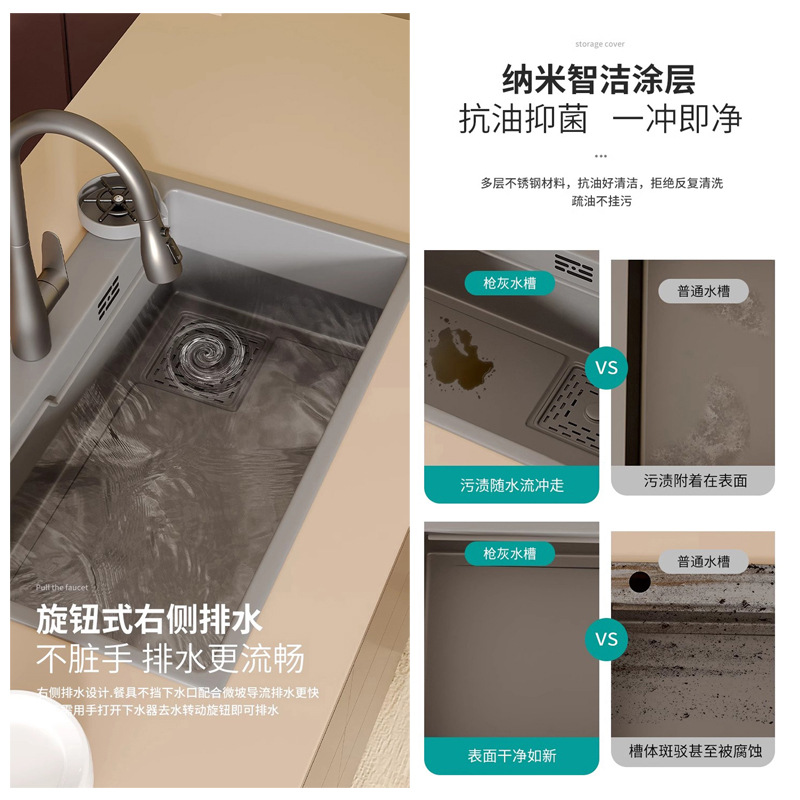 3.0 Gun Gray Kitchen Sink Nano Coated 304 Stainless Steel Large Single Slot Square Underwater Dish Basin Dish Sink