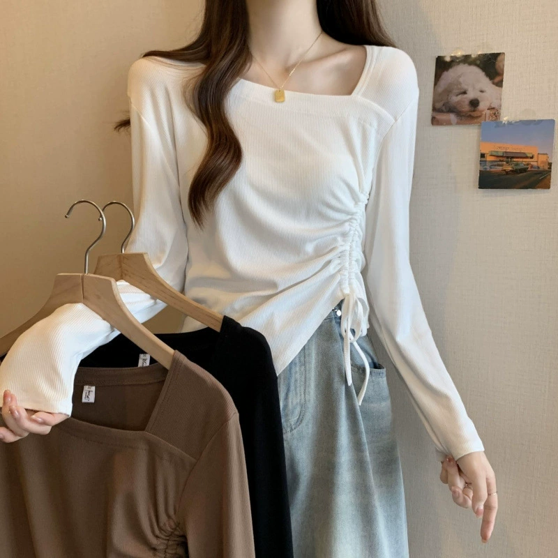 Женская плиссированная футболка больших размеров в корейском стиле с квадратным воротником, женская весенняя новая футболка с длинными рукавами, закрывающая живот, для похудения