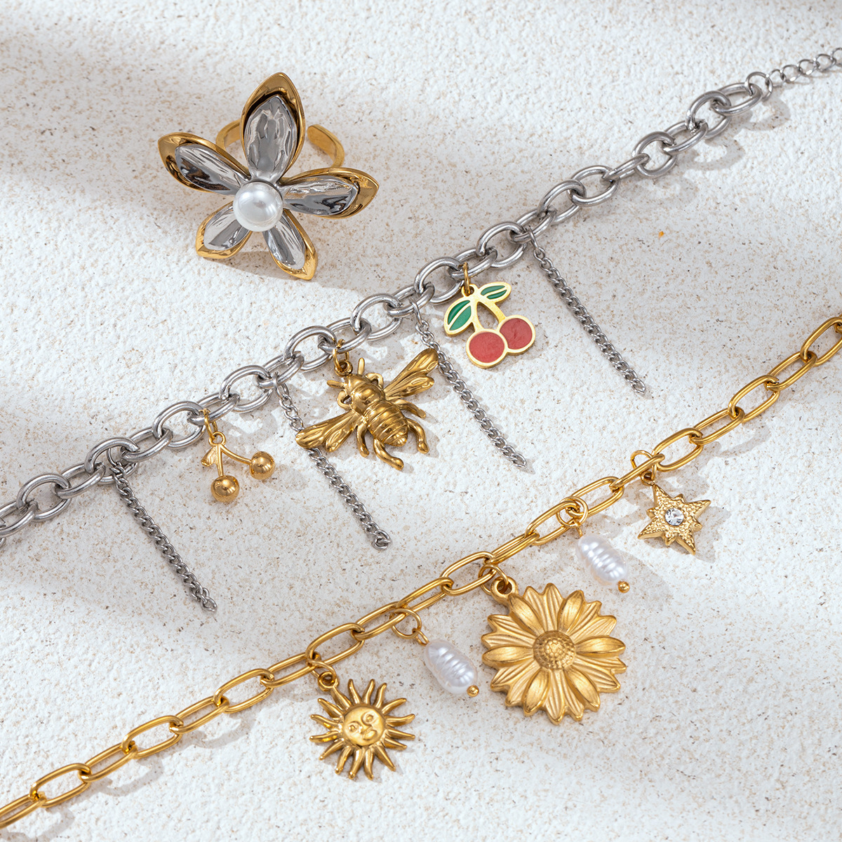 Collar de acero inoxidable de la UE y los Estados Unidos, nicho de lujo ligero oro y plata de dos colores flores de abeja, conjunto de joyas no se desvanecen mujeres
