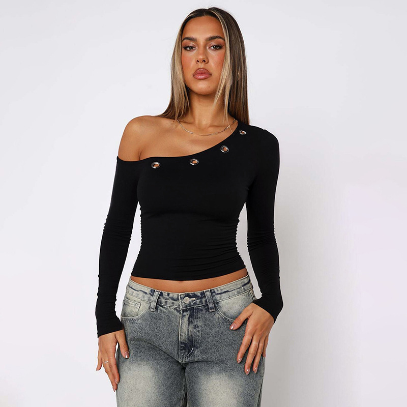 Y25Tp377 European and American Style Women's Autum Amazon New Slant Collar Off-Shoulder Eyelet Pure Color Navel-Baring Pullover Top
