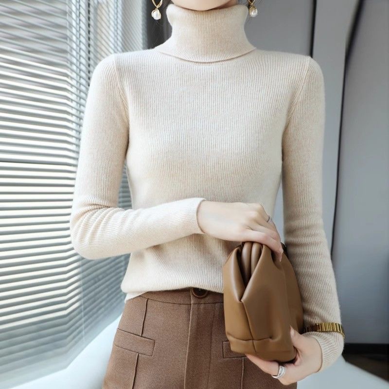 Autumn and Winter New Stylike Turtleneck Sweater Women's Pullover Short Long-Sleeved Slim-Fit Tight Pile Knitted Base Shirt
