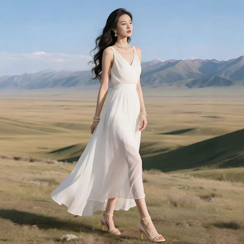 2026 Summer French-Style High-End Elegant Vest Long Dress with Waist-Cinching Slimming Effect, Beach Vacation Chiffon Dress for Women