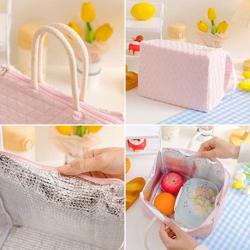 Outdoor picnic large-capacity thermal and cold insulation bag Internet celebrity rhombus zipper lunch box bag student lunch bag handbag