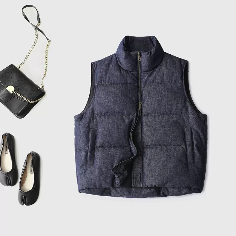 松弛感贵气亚麻仿牛仔面料 90%绒子老钱风加厚羽绒马甲 拒绝臃肿